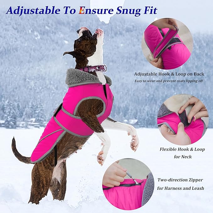 Dogcheer Dog Coat, Waterproof Dog Jacket Reflective Pet Winter Coat with Adjustable Hook & Loop, Christmas Puppy Fleece Jacket Warm Turtleneck Snowsuit for Small Medium Large Dogs - Pink, 3XL