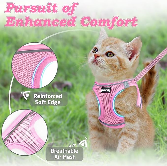 Cat Harness and Leash for Walking Escape Proof, Adjustable Kitten Vest Harness Reflective Soft Mesh Puppy Harness for Outdoor, Comfort Fit, Easy to Control (NPink, XXS)