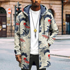 Mens Long Cardigan Hoodies Full Zip Fleece Lined Jackets Fashion Knitted Color Block Hooded Coat with Pockets