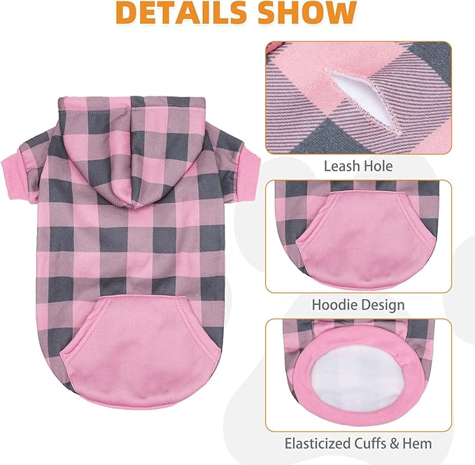 KOOLTAIL Plaid Dog Hoodie Pet Clothes Sweater with Hat and Pocket for Small Medium Large Size Dogs, Soft Winter Warm Dog Cold Weather Coat, Fleece Fall Dog Hooded Sweatshirt for Puppy Cats, Pink M