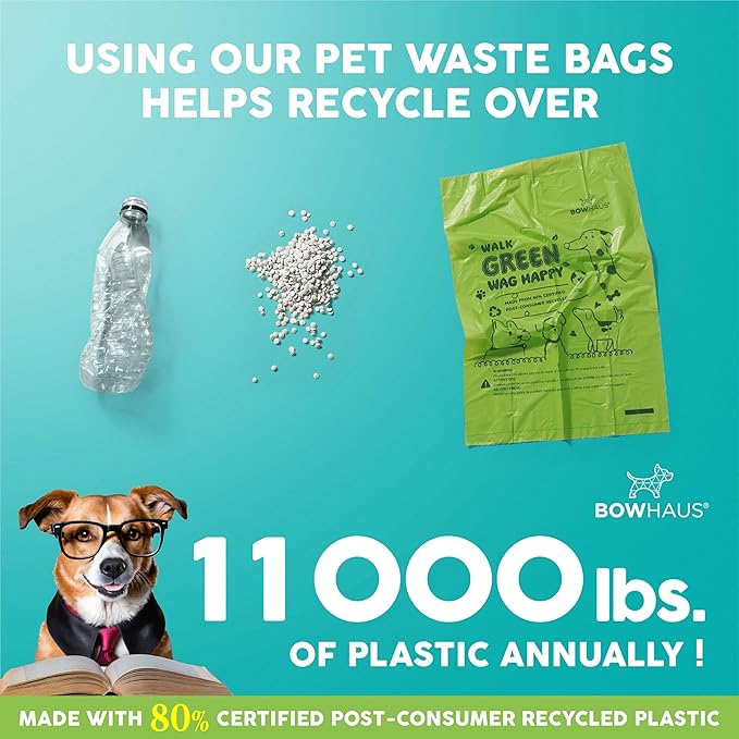 Lavender Scented Dog Poop Bags w/Dispenser, 80% PCR Eco-Friendly Materials, 9” x 13” Extra Thick Leak Proof Waste Bag for Pet, Doggy Bag Refill Rolls, Versatile Dog Waste Bags, 600 Counts