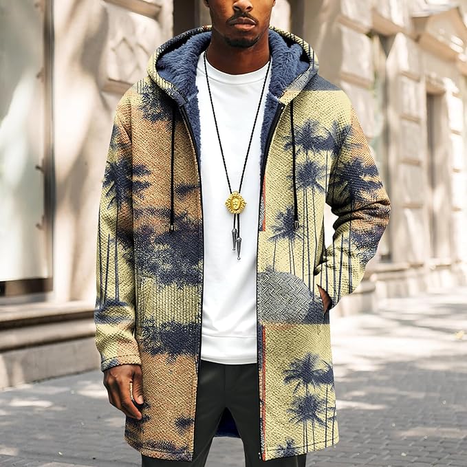 LIZALIG Long Hooded Cardigan Men Japanese Art Style Fashion Cool Graphic Coats Winter Warm Lined Fleece Jacket