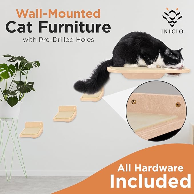 INICIO Cat Wall Shelves – Dog Proof Feeding Station with Wall Mounted Shelves, Durable 3 Step Birch Floating Shelf for Cats Up to 15lbs, Attached Cat Food Bowl for Convenient Feeding – Wood Brown