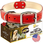 ADITYNA Heavy-Duty Leather Dog Collar for Large Dogs - Soft Padded for Comfort - Red Dog Collar for Walking, Training, and Hiking