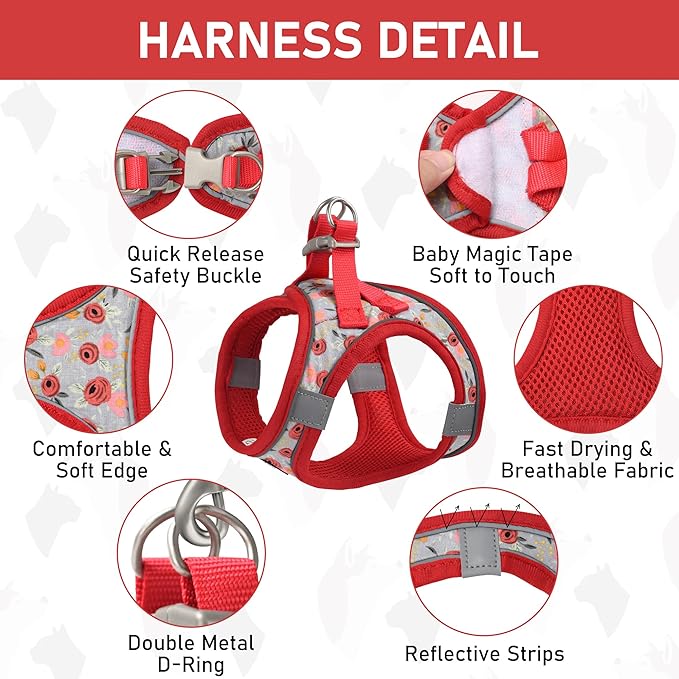 GAMUDA Small Dog Harness Collar and Leash Set, Step in No Chock No Pull Soft Mesh Adjustable Dog Vest Harnesses Plaid Reflective for Dogs Puppy Cats Kitten Rabbit (Red Flower, S)