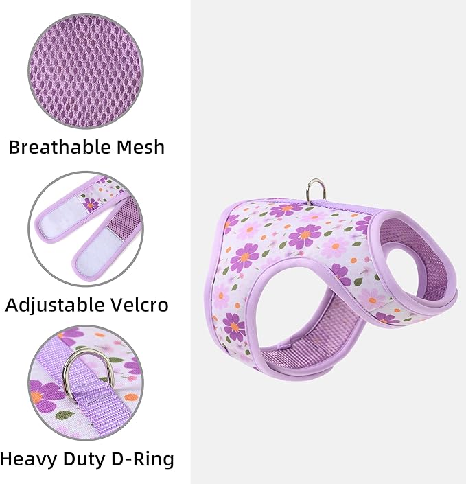 Mile High Life Dog Harness, Air Mesh Floral Vest Harness for 20 lbs Small Dogs & Cats, Easy Get on Adjustable Easy Closures Both Neck and Chest (Purple Flower, S Chest 16"-18")