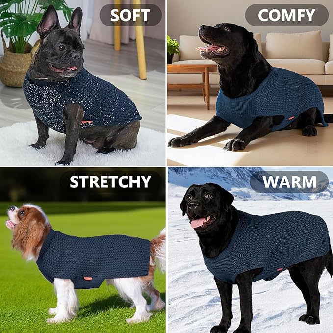 KYEESE Dog Sweater for Large Dogs with Leash Hole Warm Pullover with Reflective Yarn Male Thick Stretchy Knitwear Winter Soft Pet Coat boy for Cold Weather Comfy Dog Sweaters, Navy Blue, XXX-Large