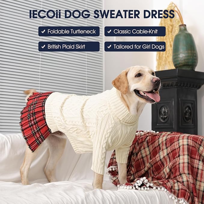IECOii Big Girl Dog Sweater Dress, Cable Knit Sweater for Extra Large Dogs Girl, Beige,4XL, Cute Dog Warm Dress for Fall Winter, Good Stretcy Fit Knitwear for Giant Breed Dogs Female Indoor & Outdoor