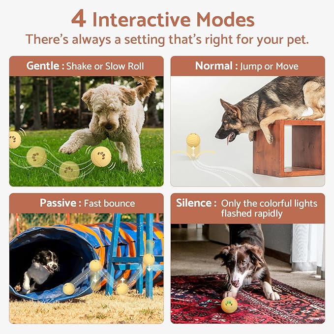 Interactive Dog Balls, Smart Dog Toys, 4 Movement Modes, Durable TPU Squeezably Elastomeric Material, Motion Activated Automatic Moving Rolling Ball for Dogs 20-60 lbs