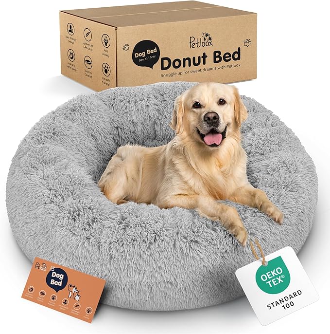 Donut Dog Bed - Premium Comfort for Anxiety Relief - Fluffy & Calming Design with Ultra-Plush Support | Cozy Round Dog Bed with Super Soft Circle Style (Size XL Grey)
