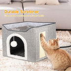 Heated Cat Bed for Indoor Cats, Foldable Cat House with Removable Heating Pad for Cats Small Dog Covered Cat Bed Cave Kitty Hideaway with with Scratch Pad, All Season Use