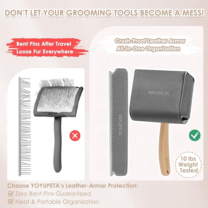 Large Dog Slicker Brush & Comb Set with Leather Sleeves - Long Pin Deshedding Brush for Golden Retrievers, Poodles, Doodles & Thick Coats, Wood Handle Pet Grooming Kit for Dogs, Cats. Natural