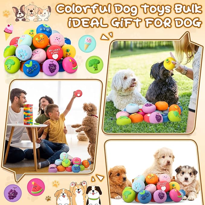 Hungdao 40 Pcs Bulk Dog Squeaky Toys Soft Rubber Latex Dog Toys Small Squeaky Balls Interactive Fetch Balls for Teething Small Pet Breeds Training(Cute Fruit)