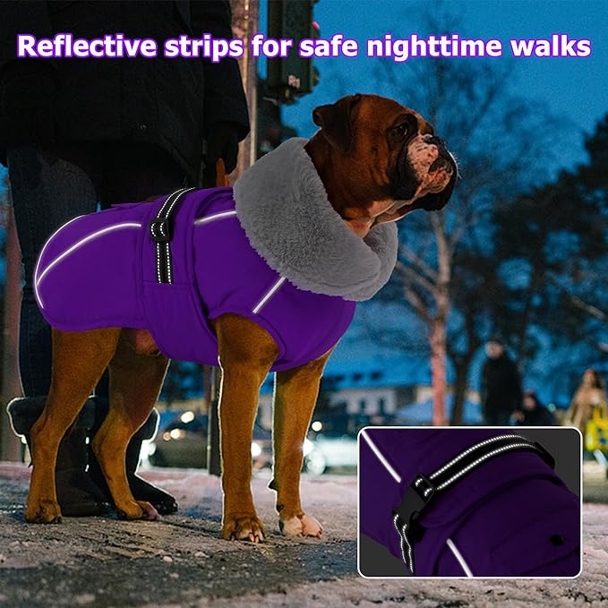 Dogcheer Dog Coat with Pocket, Waterproof Dog Jacket with Adjustable Buckle, Reflective Puppy Winter Coat Warm Turtleneck Fleece SnowJacket for Small Medium Large Dogs - Purple M