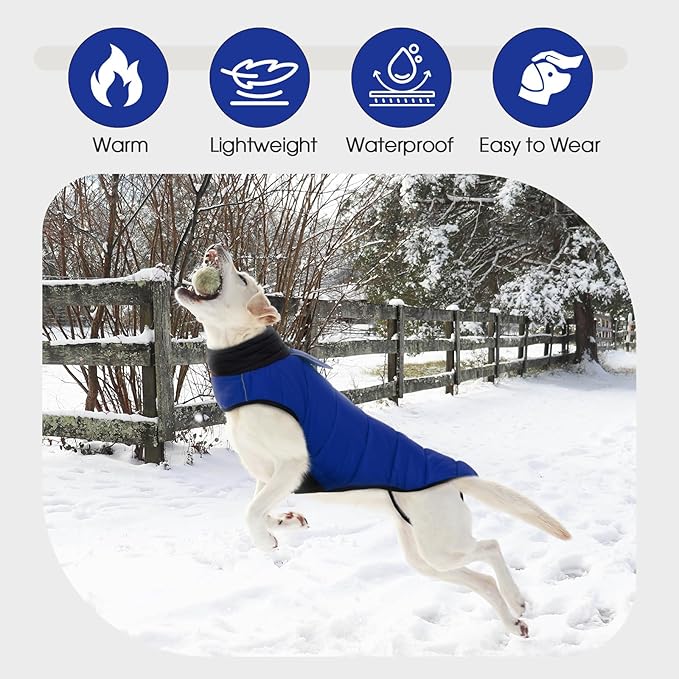 IDOMIK Dog Winter Coat, Warm Waterproof Dog Puffer Jacket with Harness Hole, Adjustable Reflective Snow Jacket Vest with Turtleneck, Pet Cold Weather Coats for Large Dogs,Blue,L