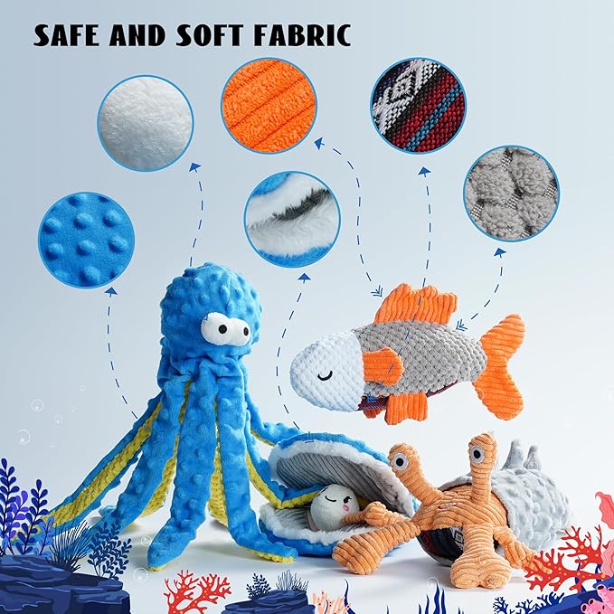 Nocciola 4 Packs Crinkle Squeaky Dog Toys for Aggressive Chewers, Durable Stuffed Plush Rope Tug Puppy Toy for Small, Medium Large Dogs, Octopus Fish Ocean Beach Summer, Dog Birthday Gifts