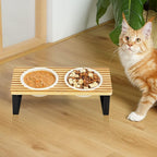 Sunhoo Ceramic Elevated Cat Bowls Raised Puppy Dishes for Food and Water Tilted Wooden Stand for Indoor Cats 5.5 inch Wide Double Dish Orthopedic Reduces Vomiting (Yellow&Brown)