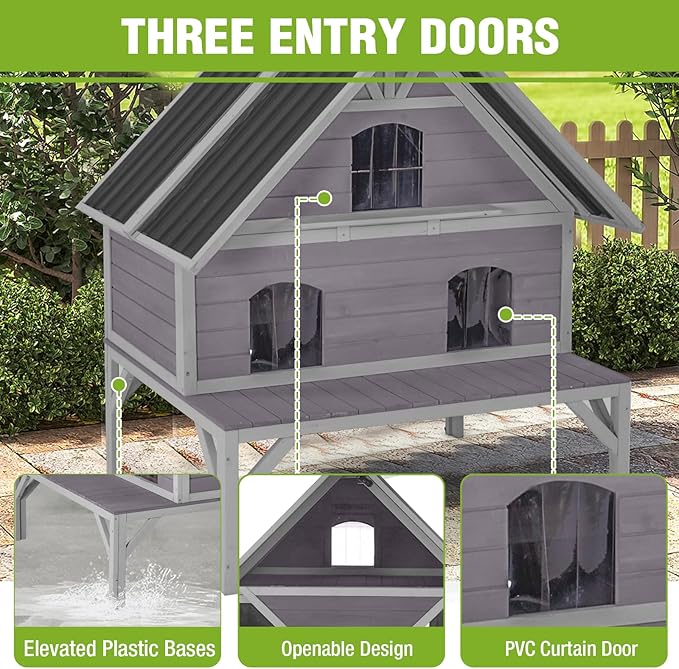 GUTINNEEN Heated Cat House 2-Level Large Outdoor Cat House Insulated Weatherproof Feral Cat Shelter with 2 Heating Pads, Insulated All-Round Thermal Liner, Large Porch, 3 Escape Doors for 1-6 Cats