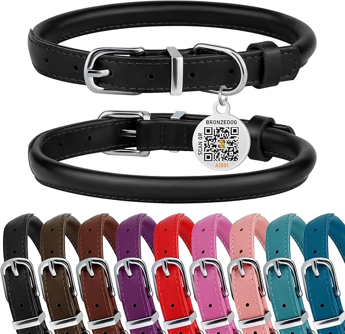 BRONZEDOG Rolled Leather Dog Collar for Small Medium Large Dogs with QR ID Tag (M: 14-16 Inch, Glossy Black)