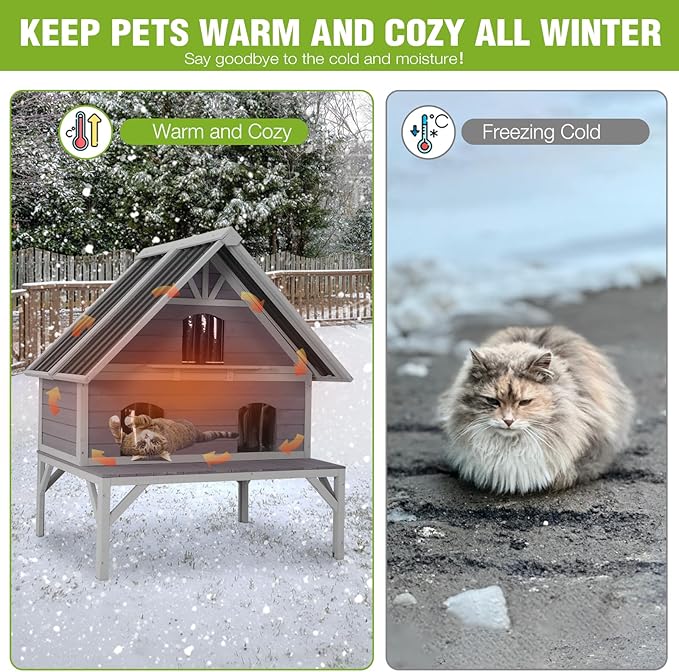 GUTINNEEN Large Outdoor Cat House 2-Story Insulated Cat House Indestructible Weatherproof Feral Cat Shelter with Openable Roof, Escape Doors for 1-6 Feral Barn Cats (Winter-Ready, 43.3"x34.3"x48.5")