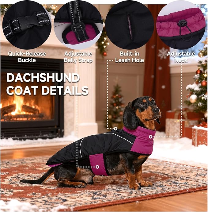 DORA BRIDAL Dachshund Coat, Fleece Lined Dog Winter Coat, Warm Dog Coats with Reflective Strips, Adjustable Waterproof Pet Jacket Clothes, M