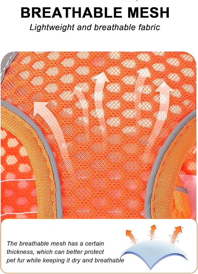 XS Orange Soft Mesh Dog Harness and Leash Set,No Escape Puppy Harnesses for Training Walking， Reflective Adjustable Puppy Vest for Small Medium Dogs, Cats (Orange, XS)