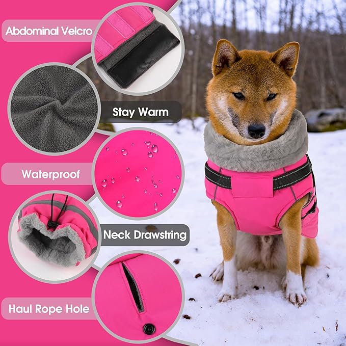 PETDSH Dog Coat Small, Built-in Harness Dog Jacket with Warm Fleece Lining, Waterproof Reflective Dogs Winter Coat, Pet Coats with Pocket and Trash Bags (Pink, Small)