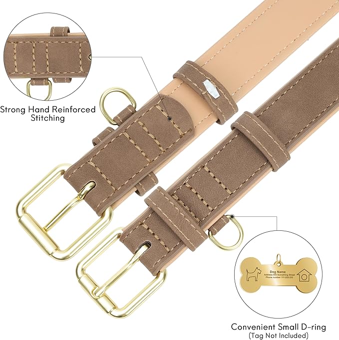 Leather Dog Collar for Small Medium Large Dogs, Soft Padded Dog Leather Collar with Heavy Duty Gold Buckle, Durable & Comfortable for Medium Dogs Daily Walking (Light Brown, M)