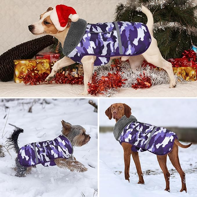 Dogcheer Warm Dog Coat, Waterproof Dog Jacket Christmas Puppy Winter Coat with Buckle, Reflective Adjustable Pet Snow Jacket Turtleneck Fleece Sweater for Small Medium Large Dogs - Camo Purple, S