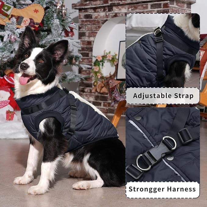 Dog Jacket with Harness,Fleece Lined Warm Puppy Coat for Winter,Soft Windproof Small Dog Vest,Black S