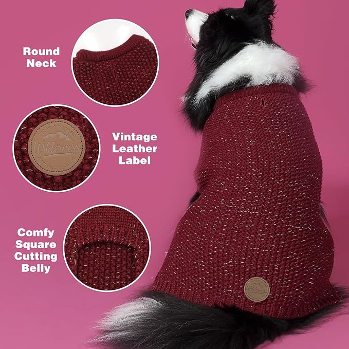 KYEESE Dog Sweater with Leash Hole Warm Pullover with Reflective Yarn for Small and Medium Dogs Male Soft Knit Pullover Boy Dog Coats Cozy Lightweight Thick Sweater,Dark Red,Large