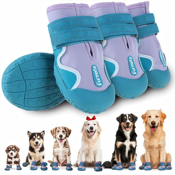 Dog Shoes for Large Small Medium Dogs,Dog Booties for Indoor Hardfloors Anti-Slip,Reflective Strip Waterproof Dog Boots & Paw Protectors for Outdoor Walking Hot Pavement,Winter Snow (Purple-7)