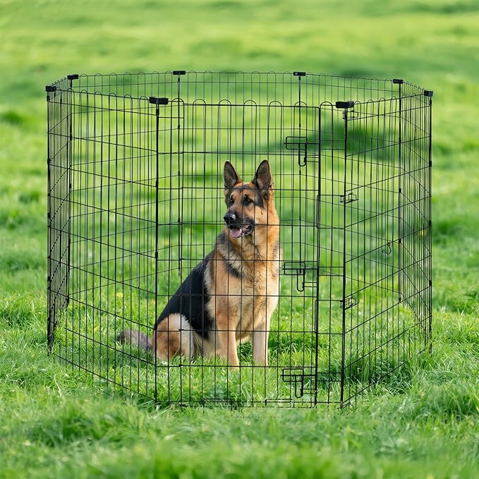 Amazon Basics Foldable Octagonal Metal Exercise Dog Playpen - Indoor/Outdoor, Single Door, Extra Large (8 Panels, 24 x 48), Easy to assemble and store customize, 48" - X-Large, Black