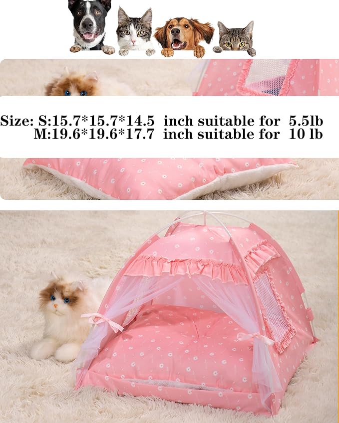 Cat Princess Bed Tent House - Kitty Cute Beds Indoor,Small Dog House Indoor/Outdoor Cave Nest Bed Small Dog Tent for Cat,Puppy Tents (19.6"x19.6"x17.7"/Pink)