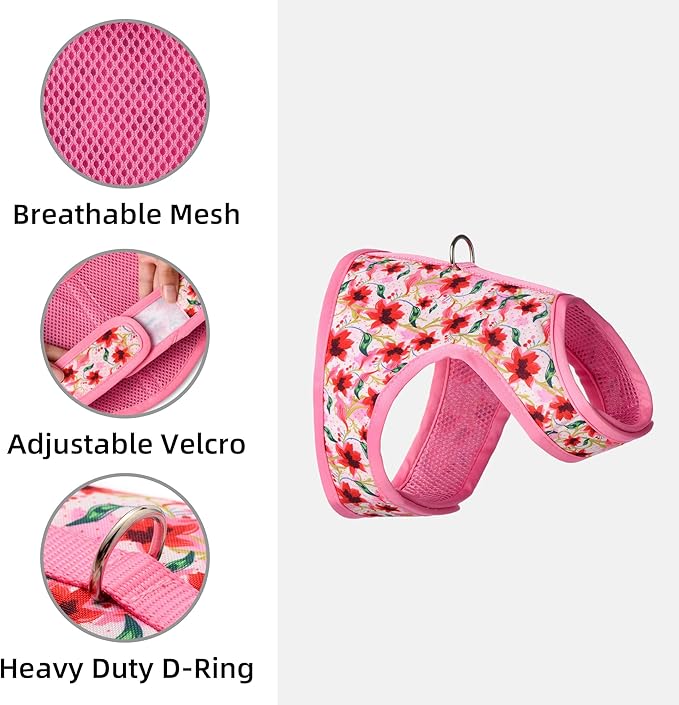 Mile High Life Dog Harness, Air Mesh Floral Vest Harness for 20 lbs Small Dogs & Cats, Easy Get on Adjustable Easy Closures Both Neck and Chest(Lily, S Chest 16"-18")