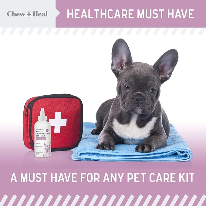 Chew + Heal Labs Dog Ear Cleaner - OTIC Medicated Dog Ear Buildup Drops for Dirt and Wax - 12 oz Advanced Flush with Chlorohexidine and Ketoconazole - Made in The USA