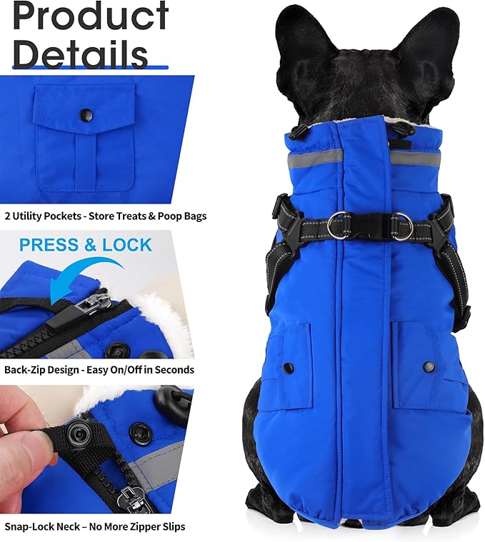 Dogcheer Dog Coat with Harness, Waterproof Warm Dog Winter Jacket with Pockets, Reflective Pet Fleece Jacket Turtleneck Snowsuit for Small Medium Large Dogs - Blue, XS