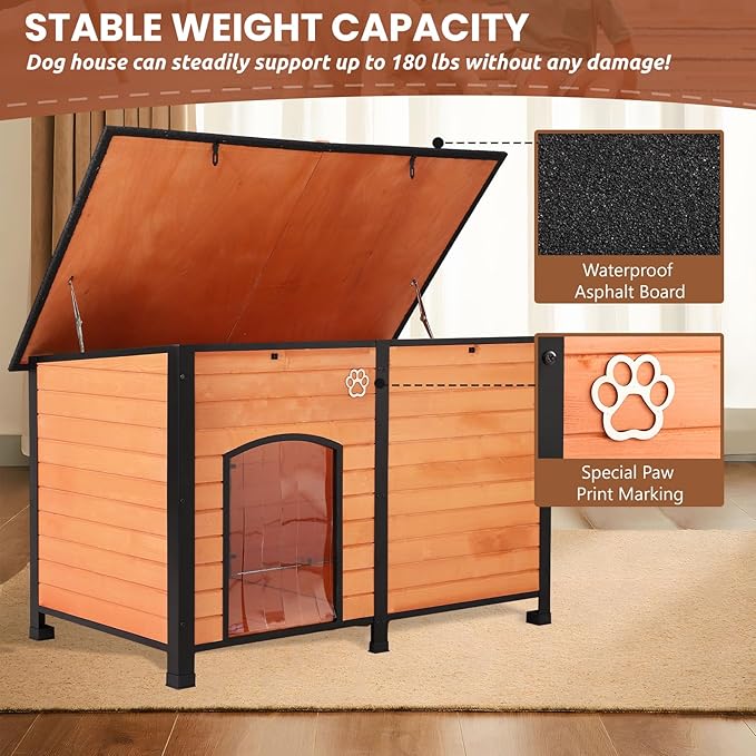Outdoor Dog House, 55” Extra Large Wooden Dog House with Anti Bite Iron Frame Weatherproof Finish Outside Paw Print Dog House for Large and Medium Dogs (Brown, 55" Dog House)