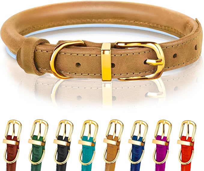 OOPSDOGGY Reflective Rolled Leather Dog Collar Adjustable Soft Padded Pet Collar for Small Medium Large Breed Dogs (Camel, XXS, 7"-9")