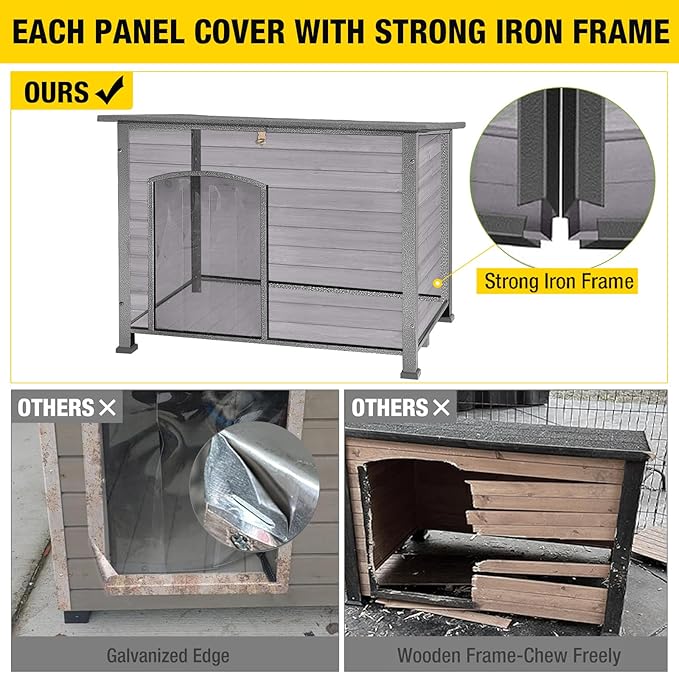 Aivituvin Dog House Outdoor Indoor Weatherproof Dog House for Small & Medium & Large Dogs with Unique All-Around Iron Frame＆Raised Feet（Grey）