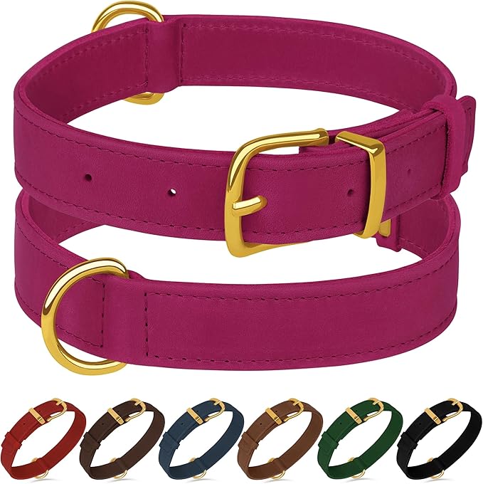 Leather Dog Collar - Heavy Duty Adjustable Soft Padded Pet Collars for Small Medium Large Dogs Breed - Black Green Brown Pink Red Blue (Pink, XL, 19"-24" Neck Fit)