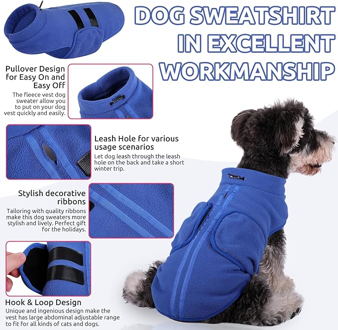 Queenmore Soft Fleece Dog Jacket, Warm Winter Coat with Leash Hole, Dachshund Sweaters for Small Dogs Cats Boy or Girl (Blue, S)