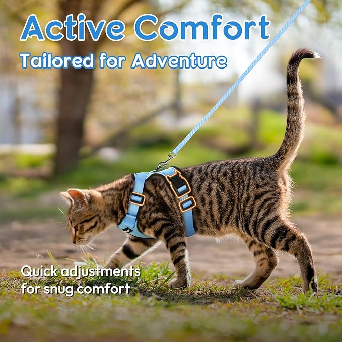 Dooradar Cat Harness and Leash Set, Escape Proof Safe Adjustable Kitten Vest Harnesses for Walking, Easy Control Soft Breathable Mesh Jacket with Reflective Strips for Cats,Light Blue, XS