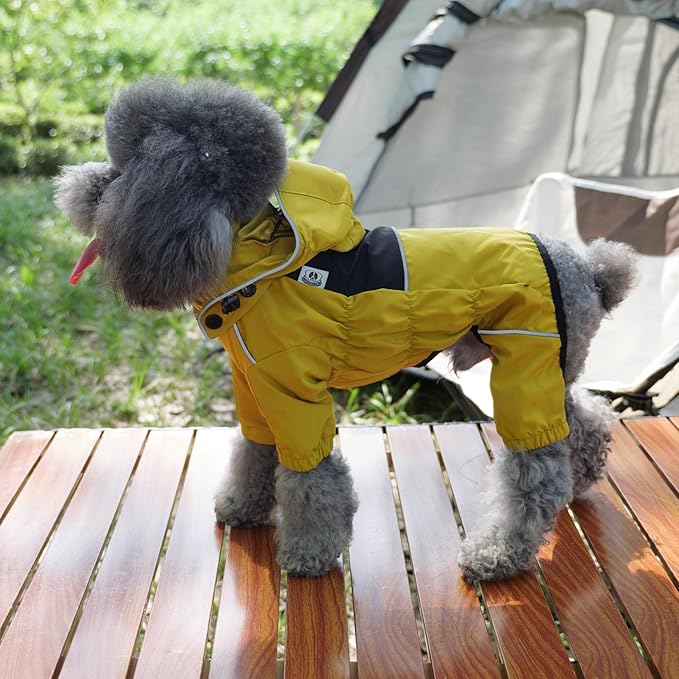 LOVELONGLONG Waterproof Dog Raincoat with Removable Hood – Outdoor Full Body Dog Jacket, Windproof Snowproof Shell Suit – All Season Pet Rain Gear Mustard Yellow S