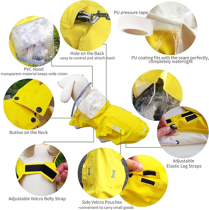 Waterproof Dog Raincoat, Adjustable Reflective Lightweight Pet Rain Clothes with Poncho Hood (Medium, Yellow)