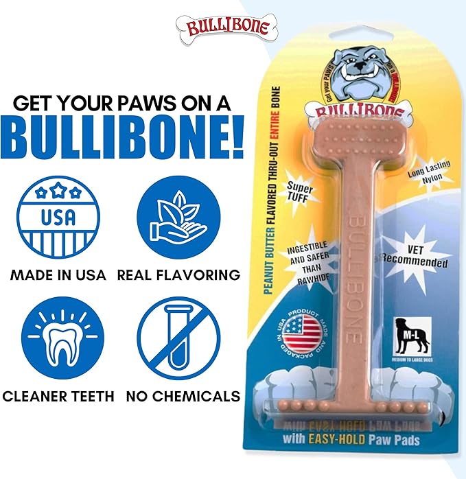 Bullibone Nylon Dog Chew Toy Nylon Bone - Improves Dental Hygiene, Easy to Grip Bottom, and Permeated with Flavor (Peanut Butter, XL - Single)