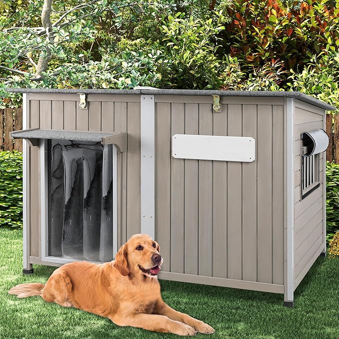 Outdoor Dog House Weatherproof, Wooden Puppy Shelter with Anti-Chewing Iron Frame and Elevated Floor, Sturdy Dog Kennel for Small, Medium & Large Dogs (Gray, 51" L x 29" W x 32" H)