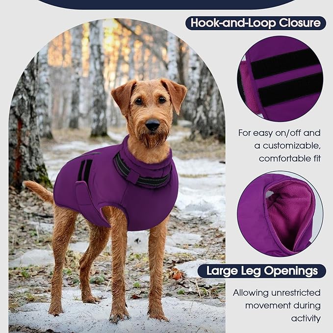 IECOii Dog Coats for Large Dogs Winter Waterproof Jacket with Collar Built in, XXL Dog Coat for Cold Weather Warm Snow Jacket with Thermal Fleece Lining, Reflective Pet Snowsuit Large, Purple - 2XL