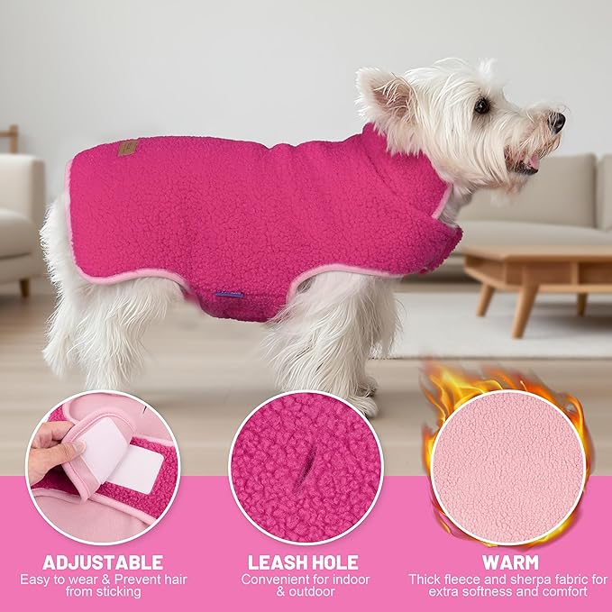 cyeollo Warm Dog Coat Sherpa Dog Winter Coat, Reversible Fleece Dogs Jackets Sweater Vest for Small Medium Dogs Male with Leash Hole, Soft Cold Weather Pet Clothes, Fuchsia XL