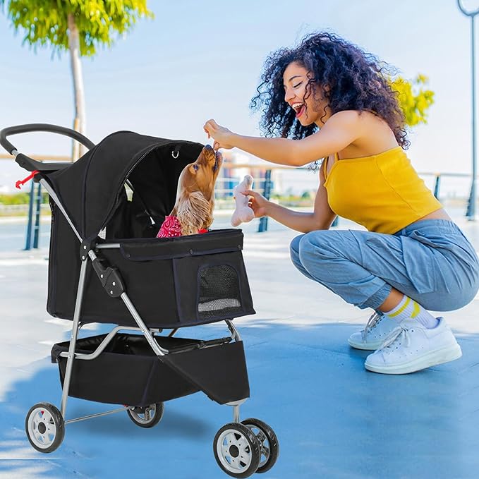 FDW Pet Stroller 3-Wheel Durable Foldable Cat Dog Stroller with Washable Liner Storage Basket Cup Holder,Black